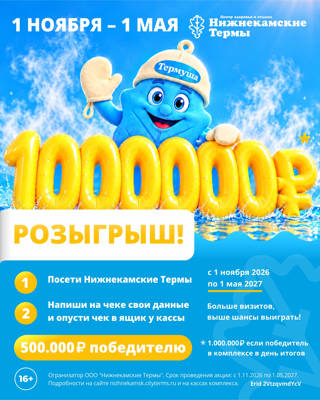 Грандиозный розыгрыш 1 000 000 рублей «Нижнекамских Термах»!